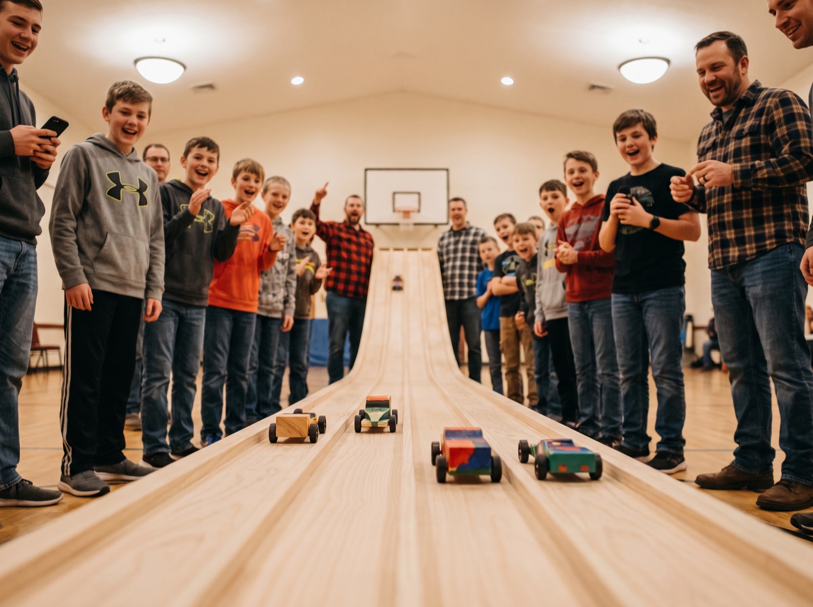 Boys and leaders cheering as wooden derby cars race down a track at the Kub Kar Rally