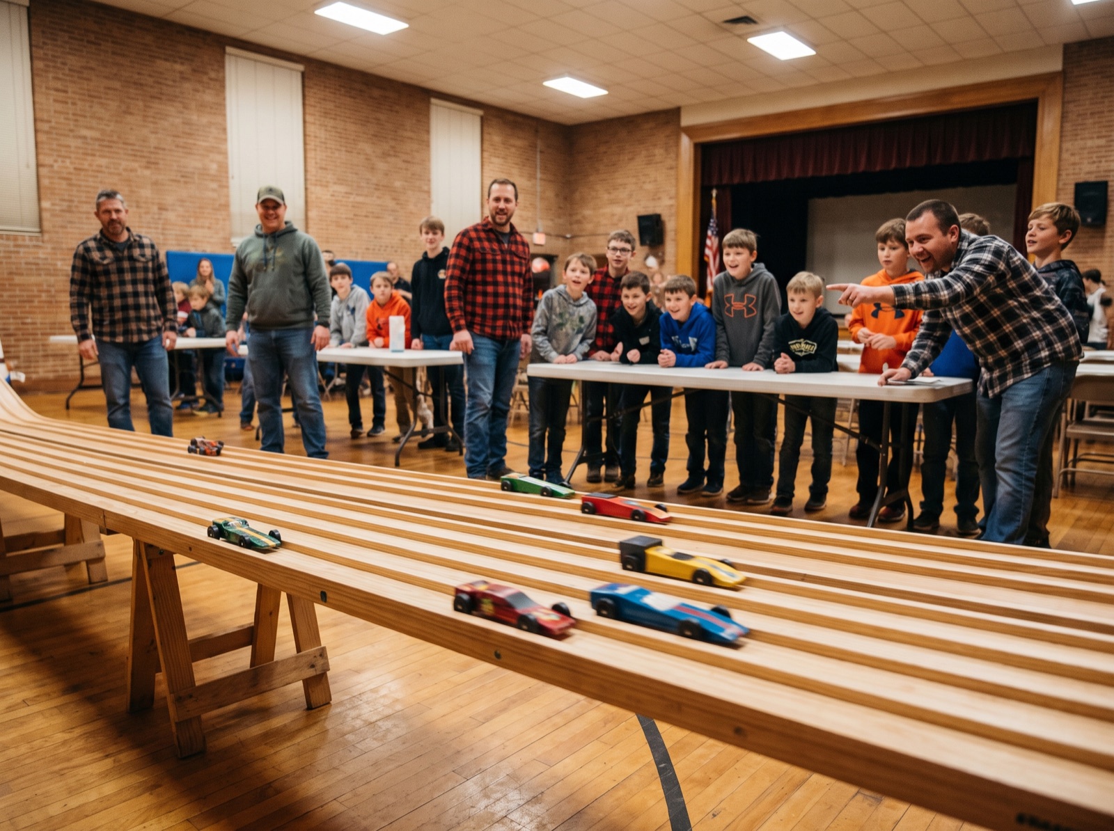 Wooden derby cars racing down the track at the Kub Kar Rally with cheering onlookers in the background